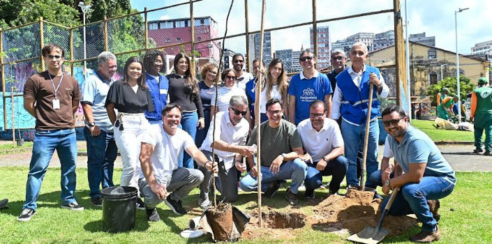 Autoridades e participantes se reúnem durante o plantio de uma muda na região da Barroquinha, em Salvador.