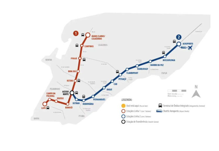 Mapa do metrô de Salvador indicando as 22 estações