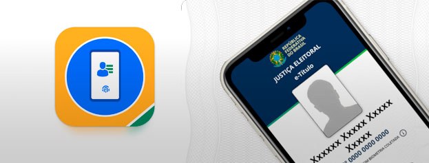 Imagem de divulgação do e-Título, aplicativo da Justiça Eleitoral, exibindo sua identidade visual e a tela do título de eleitor digital em um celular.